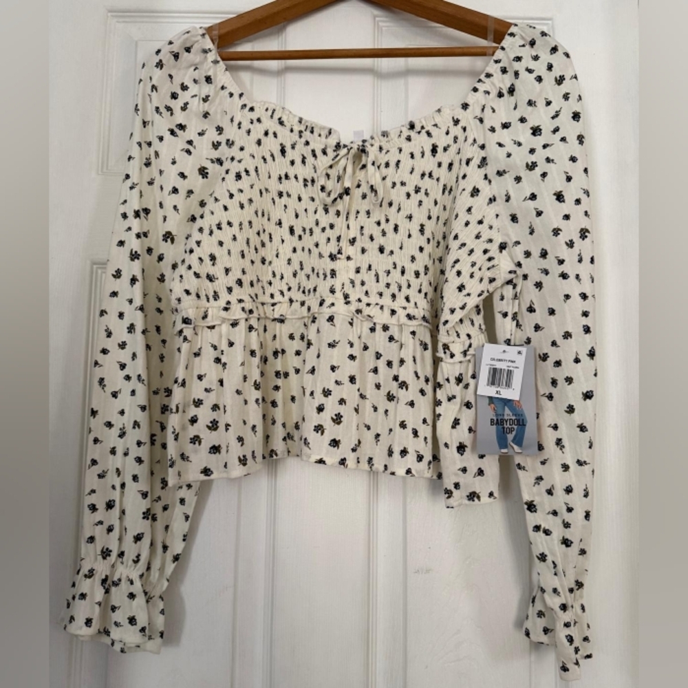 Celebrity Pink Cream Floral Smocked Babydoll Top with Black Print